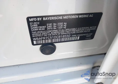 2013 BMW 535I из США, поврежденный, VIN WBAFR7C51DC818550